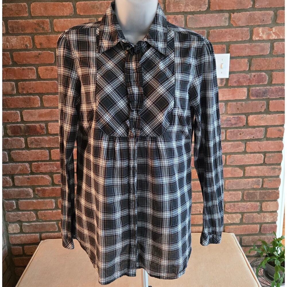 Eddie Bauer Women's Top - Tuxedo Ruffle Long Sleeve Blouse - Tartan, Size Small